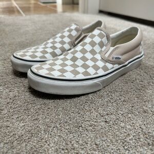 Vans Beige and White Checkered Slip-Ons